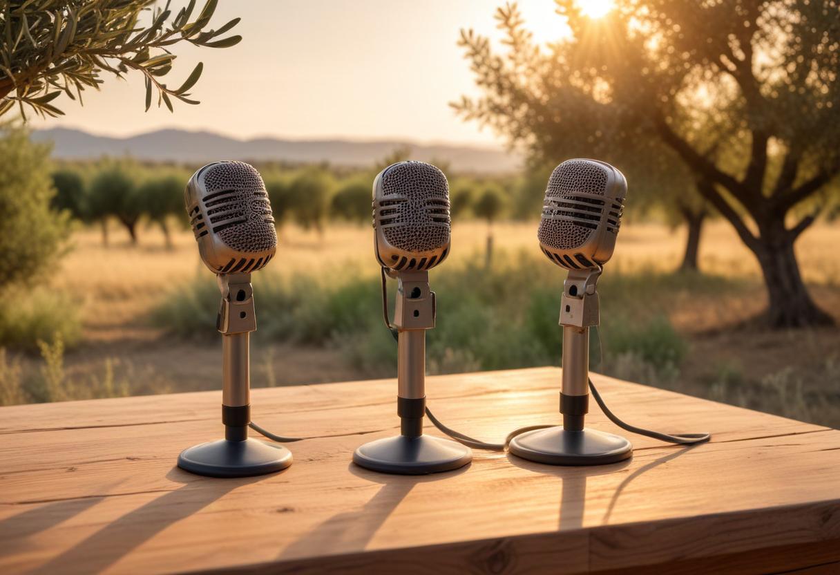 Tres micrófonos antiguos dispuestos a hacer un podcast sobre aceite de oliva.